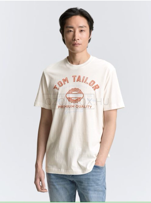 1037735-10332 Tom Tailor férfi rövid ujjú póló logó nyomtatással (törtfehér)