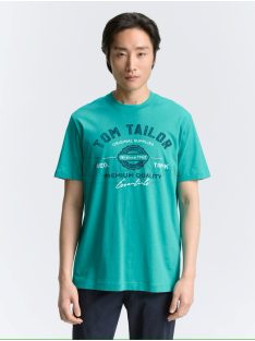   1037735-11137 Tom Tailor férfi rövid ujjú póló logó nyomtatással (páva zöld)