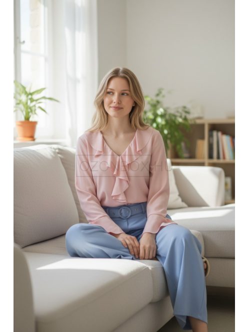 13866 Élora Chic női fodros blúz (halvány rózsaszín)