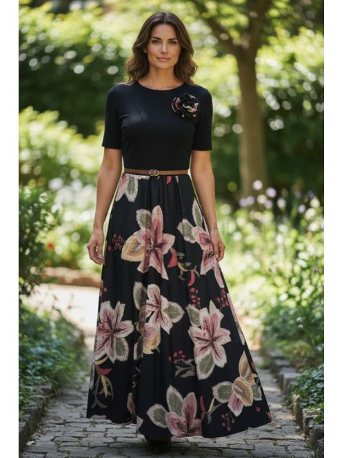 18677 Elaria Light ruha – Virágos elegancia (fekete)