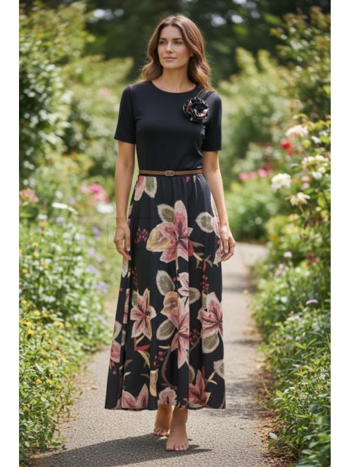 18677 Elaria Light ruha – Virágos elegancia (fekete)