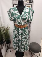 24218 Flora – nyári midi ruha övvel (élénk zöld-fehér mintás)