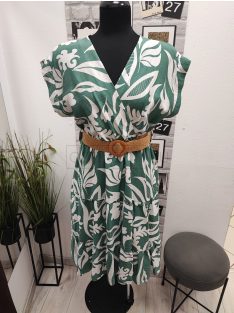   24218 Flora – nyári midi ruha övvel (élénk zöld-fehér mintás)