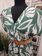 24218 Flora – nyári midi ruha övvel (élénk zöld-fehér mintás)