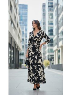  2580 Leandra mintás maxi ruha megkötős derékkal (fekete–ekrü–bézs levélminta)