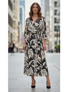  2580 Leandra mintás maxi ruha megkötős derékkal (ekrü-fekete–bézs levélminta)