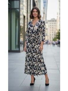   2580 Leandra mintás maxi ruha megkötős derékkal (ekrü-fekete–bézs)