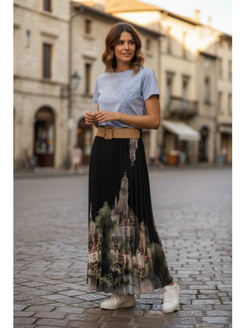 4304 SOPHIE pliszírozott mintás maxi szoknya (fekete városos)