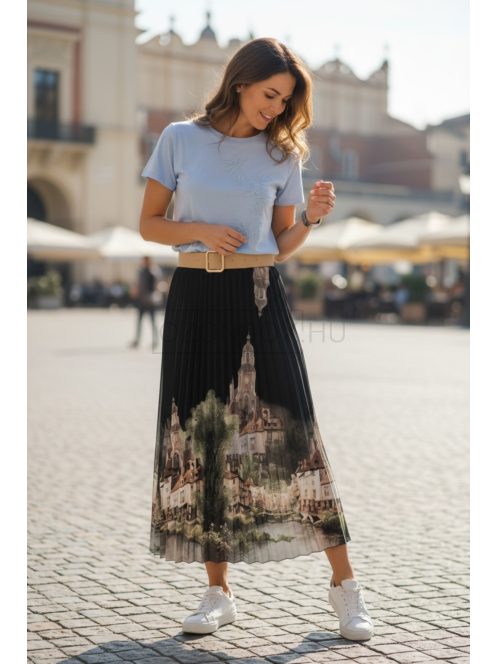 4304 SOPHIE pliszírozott mintás maxi szoknya (fekete városos)