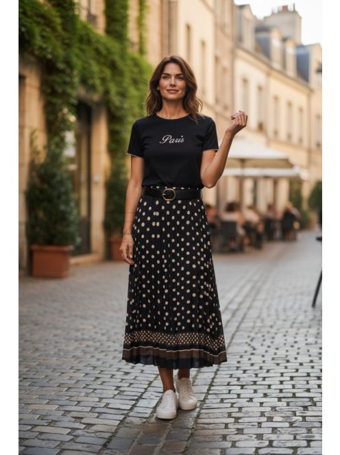4304 SOPHIE pliszírozott mintás maxi szoknya (fekete pöttyös)