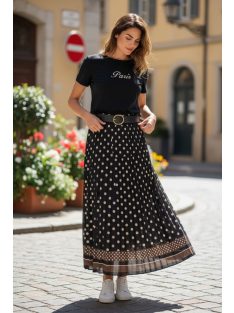   4304 SOPHIE pliszírozott mintás maxi szoknya (fekete pöttyös)