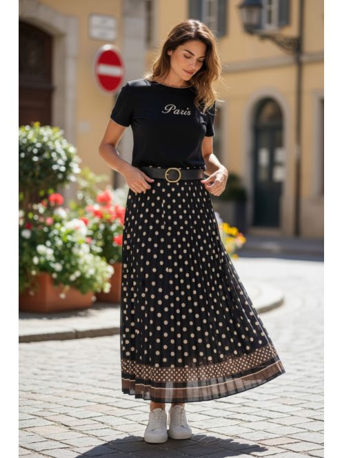 4304 SOPHIE pliszírozott mintás maxi szoknya (fekete pöttyös)