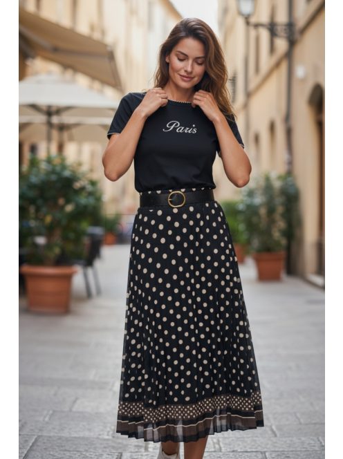 4304 SOPHIE pliszírozott mintás maxi szoknya (fekete pöttyös)