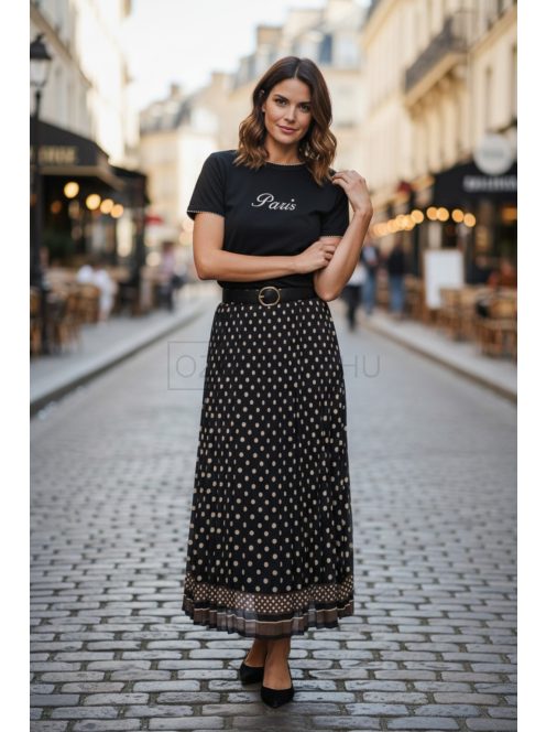 4304 SOPHIE pliszírozott mintás maxi szoknya (fekete pöttyös)