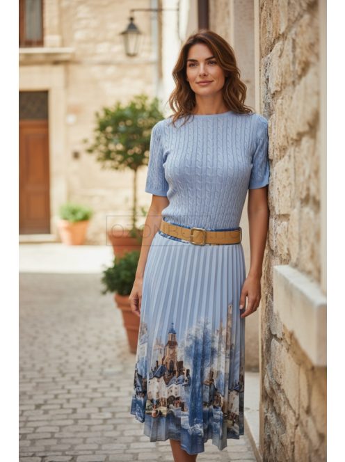 4304 SOPHIE pliszírozott mintás maxi szoknya (pasztell kék városos)