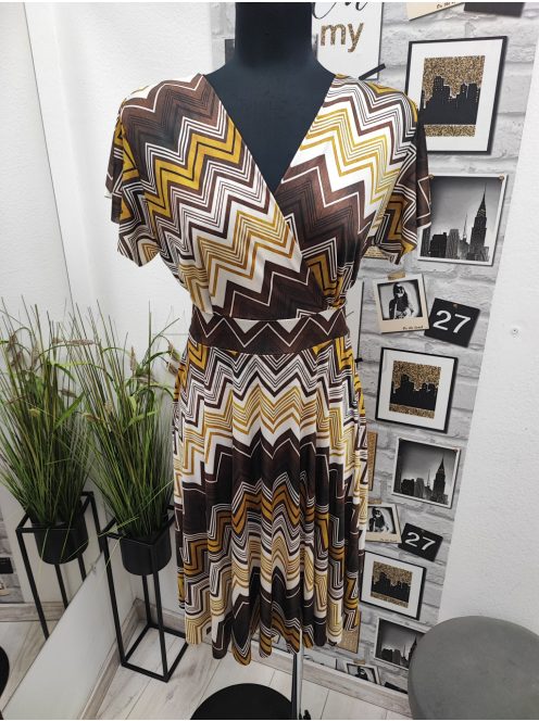 5471 Azura mintás ruha (Krém-barna-mustár)