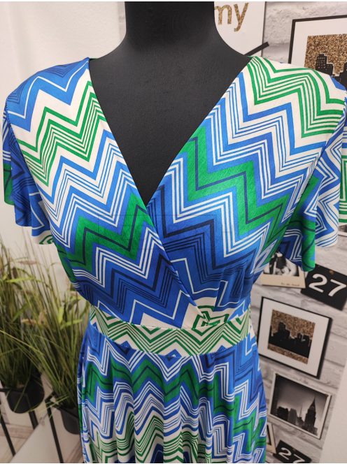 5471 Azura mintás ruha (krém-királykék-zöld-cikcakk)