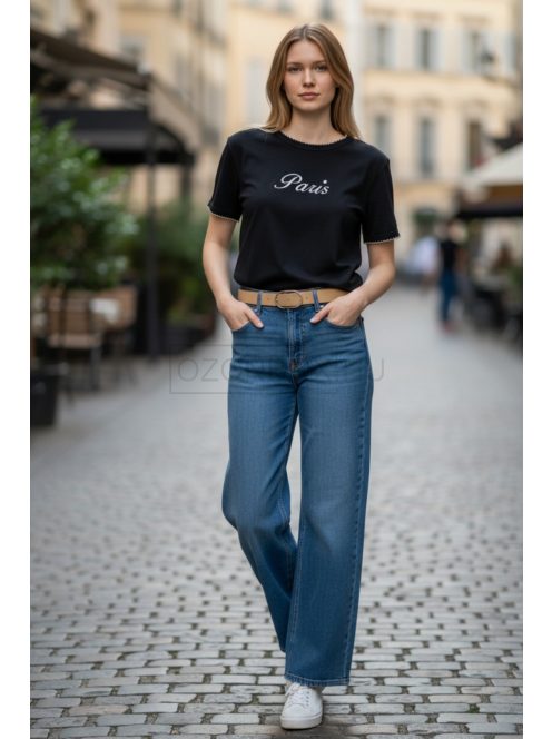 9-2318 PARIZS női rövid ujjú feliratos felső – letisztult, nőies alapdarab (fekete)