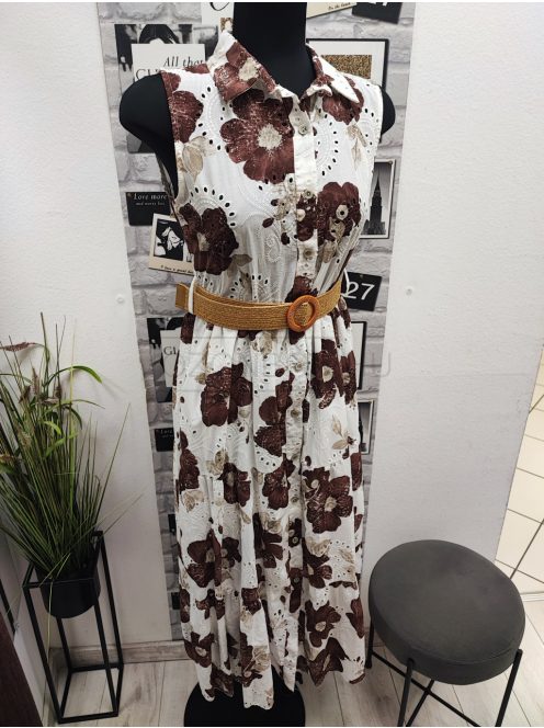 90246 Violetta mintás maxi ruha (fehér alapon bézs és barna virágos)