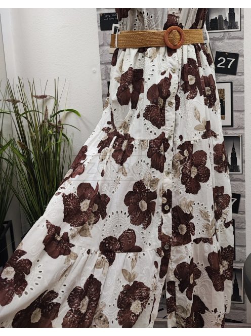 90246 Violetta mintás maxi ruha (fehér alapon bézs és barna virágos)