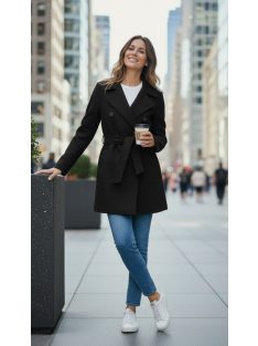   91034 Martina – Öves, kétsoros gombos női szövetkabát (fekete)