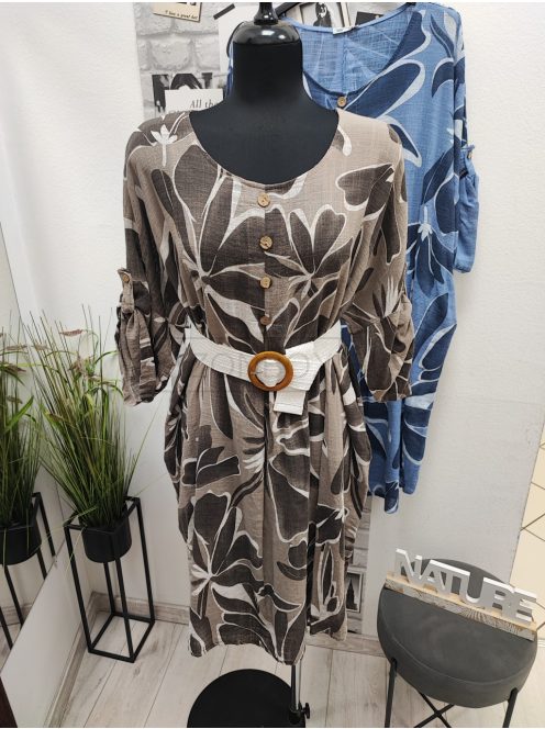 9119 SAVANNA Bloom Dress – női mintás ruha (mokka alapon bézs leveles minta)