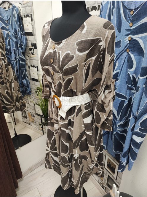 9119 SAVANNA Bloom Dress – női mintás ruha (mokka alapon bézs leveles minta)