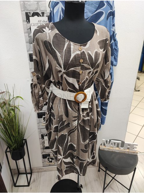 9119 SAVANNA Bloom Dress – női mintás ruha (mokka alapon bézs leveles minta)