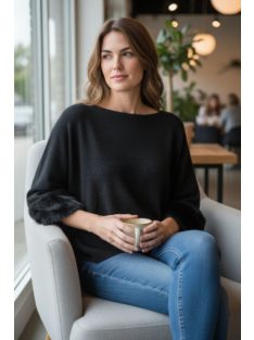   LV9821 Vivianne – Black színű kötött pulóver szőrmés mandzsettával