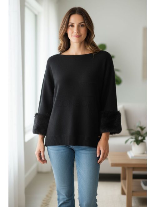 LV9821 Vivianne – Black színű kötött pulóver szőrmés mandzsettával