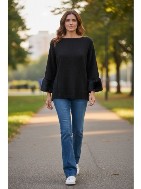 LV9821 Vivianne – Black színű kötött pulóver szőrmés mandzsettával