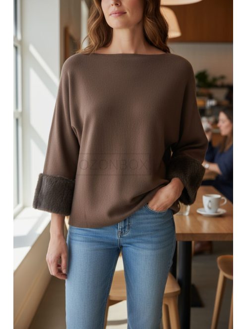 LV9821 Vivianne – Brown színű kötött pulóver szőrmés mandzsettával