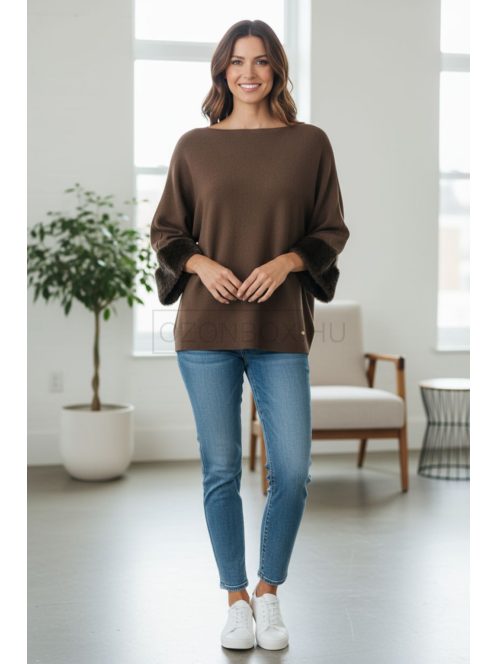 LV9821 Vivianne – Brown színű kötött pulóver szőrmés mandzsettával