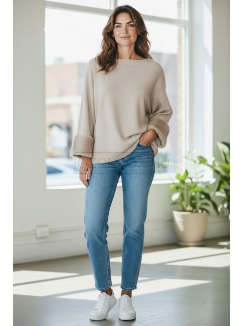 LV9821 Vivianne – Cream színű kötött pulóver szőrmés mandzsettával