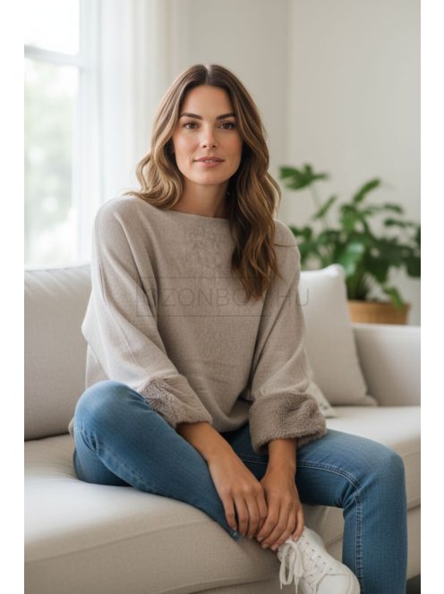 LV9821 Vivianne – Taupe színű kötött pulóver szőrmés mandzsettával